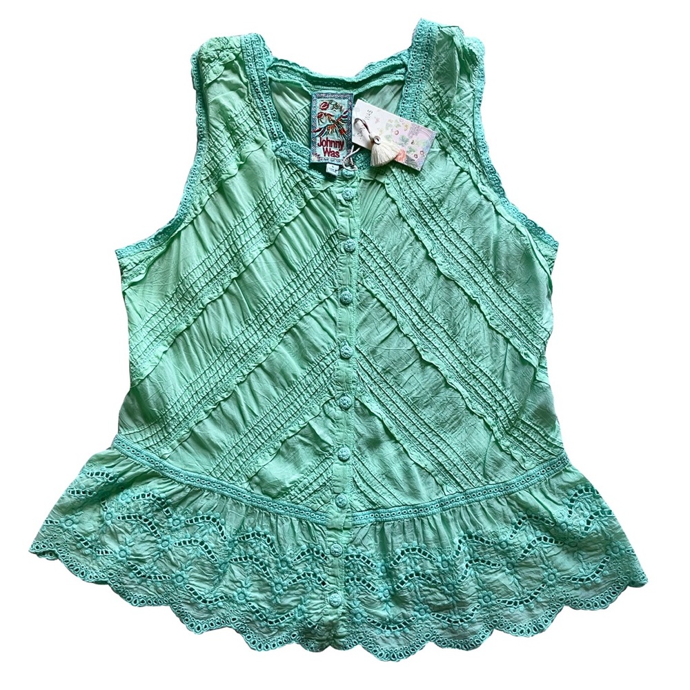 Johnny Was Pintuck Alyn Eyelet Peplum Tank Top in Vibrant Mint Green Large NWT